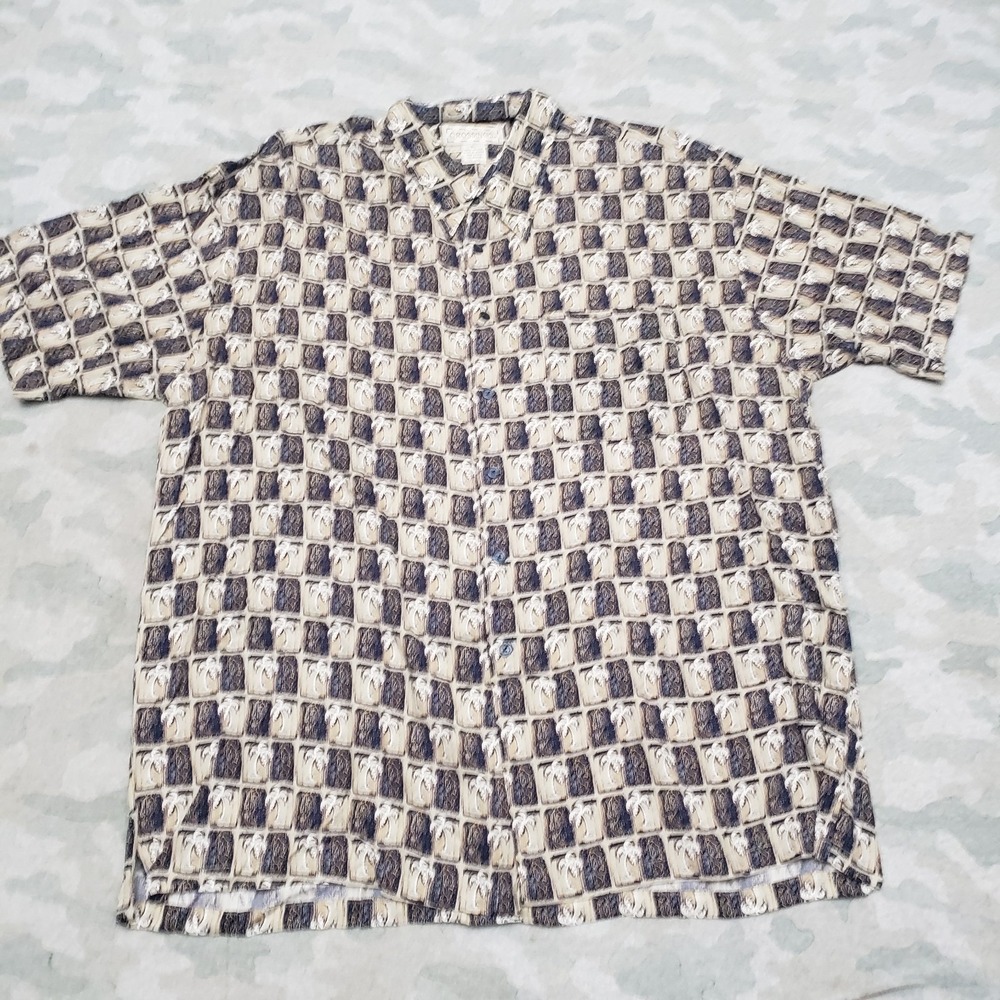 Crossings Shirt Mens XL Tan Hawaiian Sleeve Button-Up Check Beach Vacation
